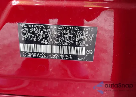 2012 Lexus Es 350 from USA, damaged, VIN JTHBK1EG3C2512812